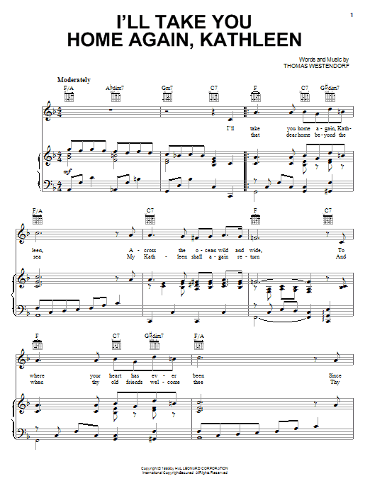 Thomas Westendorf I'll Take You Home Again, Kathleen sheet music notes and chords arranged for Piano, Vocal & Guitar Chords (Right-Hand Melody)