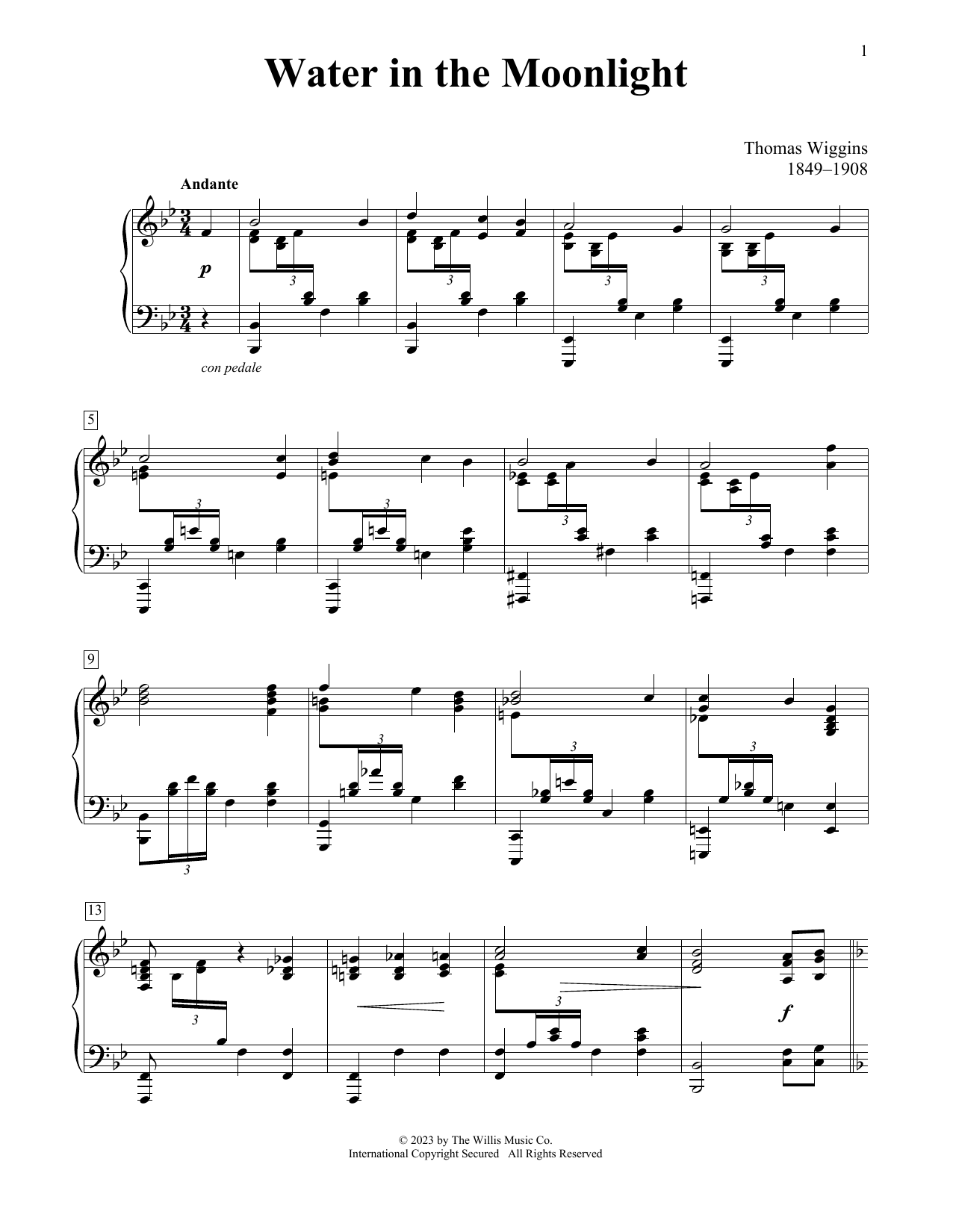 Thomas Wiggins Water In The Moonlight sheet music notes and chords arranged for Easy Piano