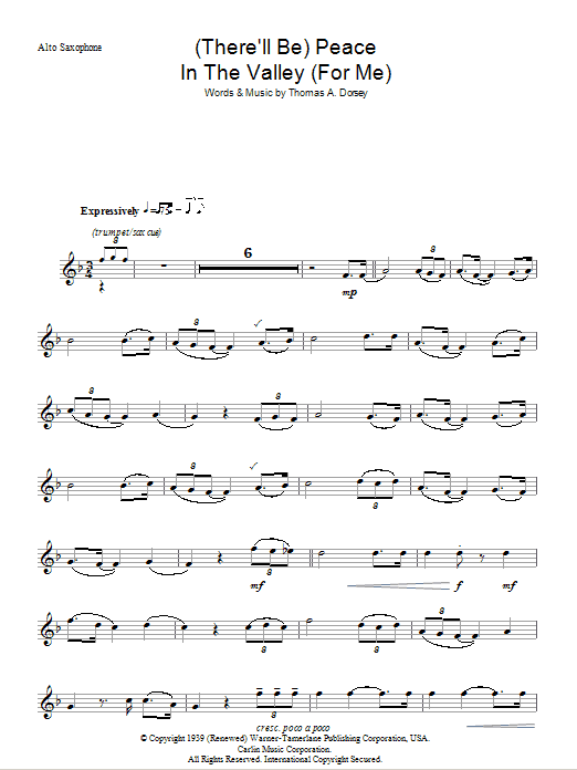 Johnny Cash (There'll Be) Peace In The Valley (For Me) sheet music notes and chords arranged for Alto Sax Solo