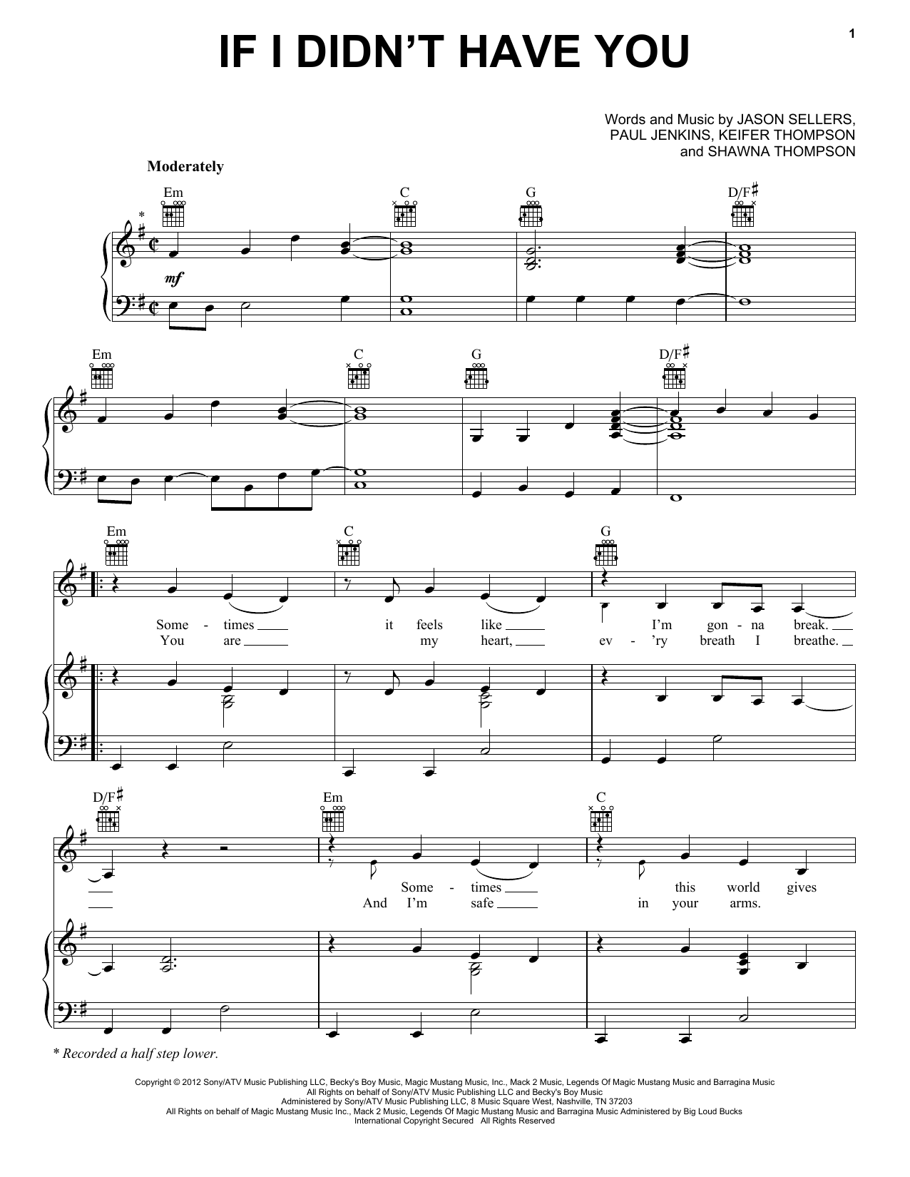 Thompson Square If I Didn't Have You sheet music notes and chords arranged for Piano, Vocal & Guitar Chords (Right-Hand Melody)