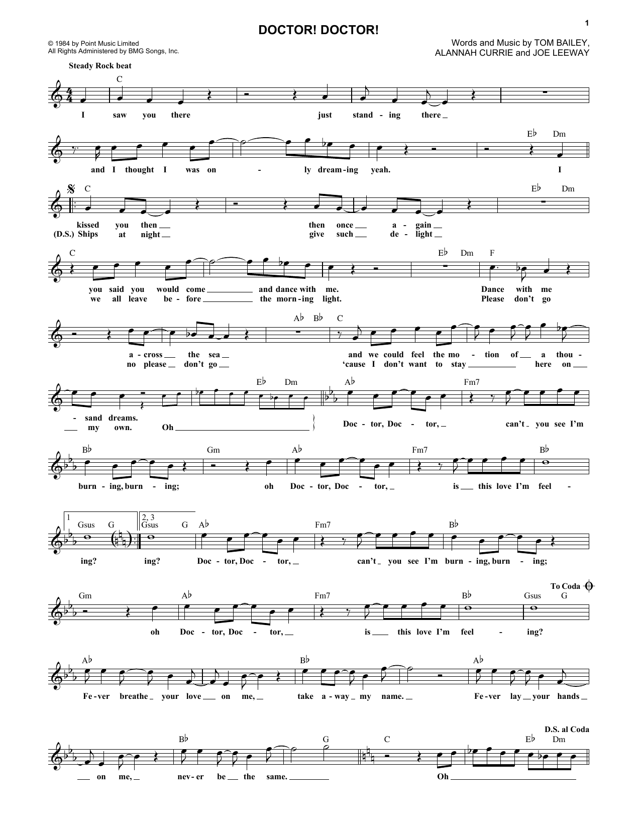 Thompson Twins Doctor! Doctor! sheet music notes and chords arranged for Piano, Vocal & Guitar Chords (Right-Hand Melody)