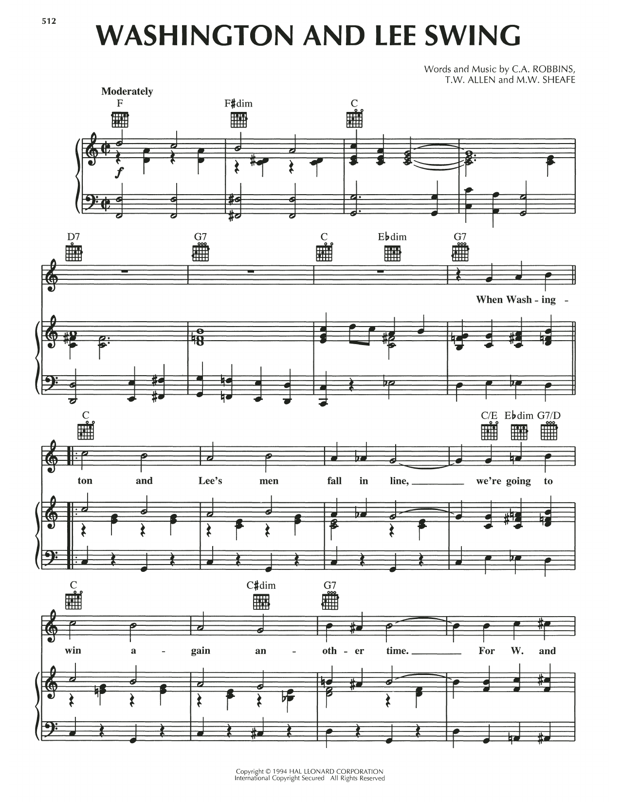 Thornton W. Allen Washington And Lee Swing sheet music notes and chords arranged for Piano, Vocal & Guitar Chords (Right-Hand Melody)