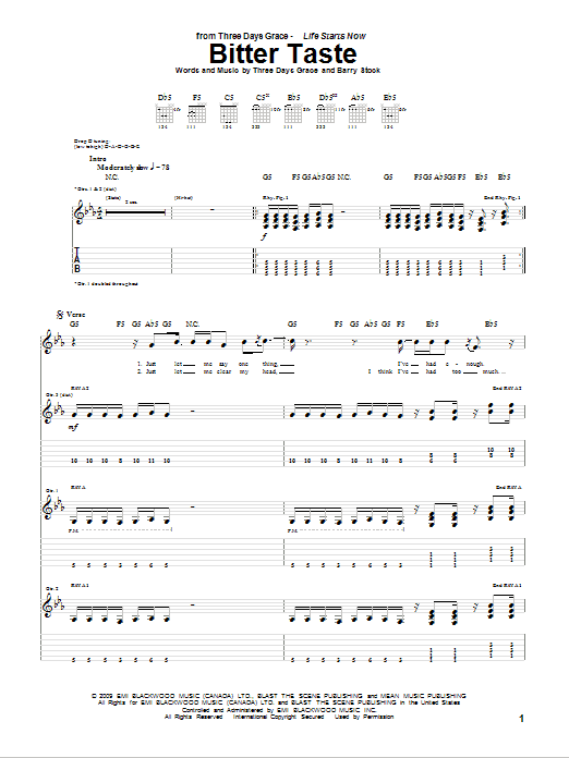 Three Days Grace Bitter Taste sheet music notes and chords arranged for Guitar Tab