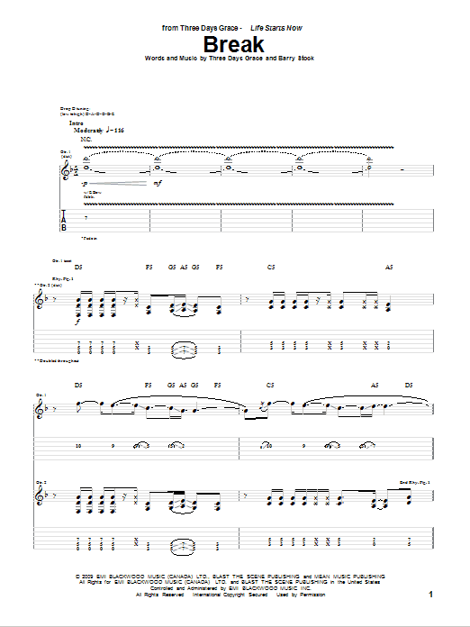 Three Days Grace Break sheet music notes and chords arranged for Guitar Tab