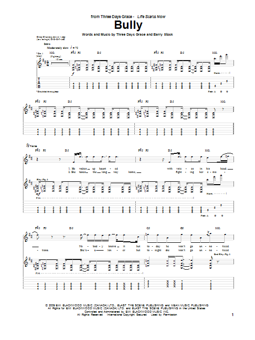 Three Days Grace Bully sheet music notes and chords arranged for Guitar Tab