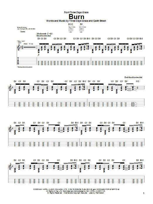 Three Days Grace Burn sheet music notes and chords arranged for Guitar Tab