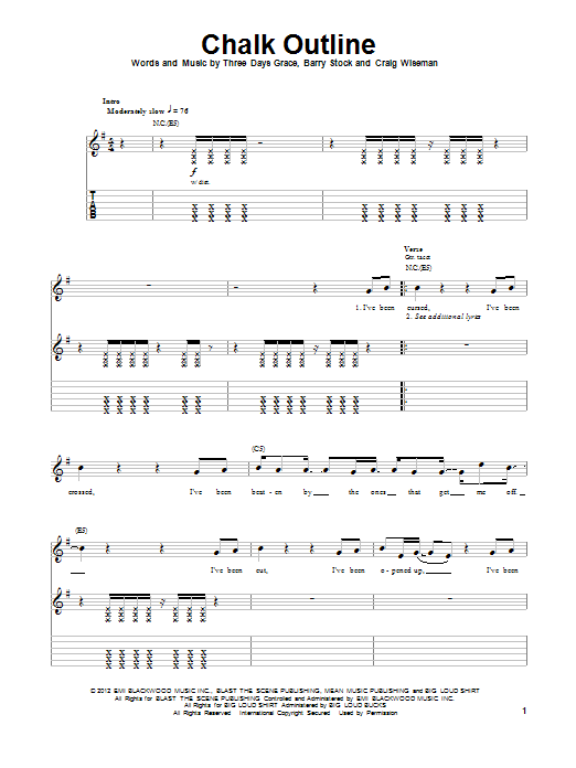 Three Days Grace Chalk Outline sheet music notes and chords arranged for Guitar Tab (Single Guitar)