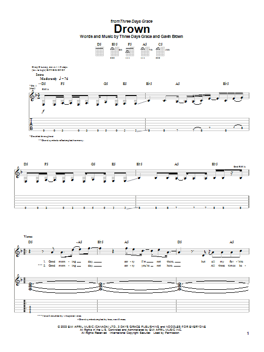Three Days Grace Drown sheet music notes and chords arranged for Guitar Tab