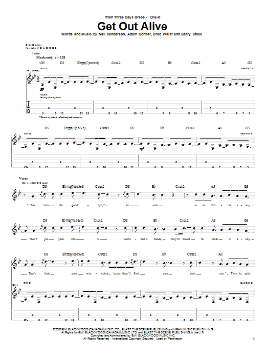 Three Days Grace Get Out Alive sheet music notes and chords arranged for Guitar Tab