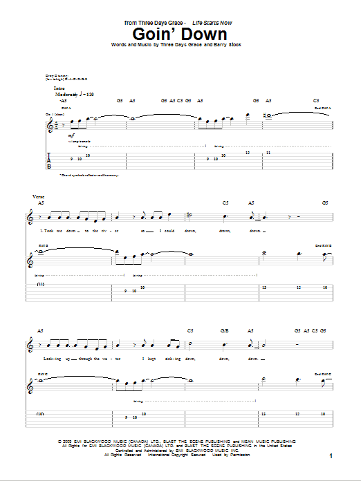Three Days Grace Goin' Down sheet music notes and chords arranged for Guitar Tab