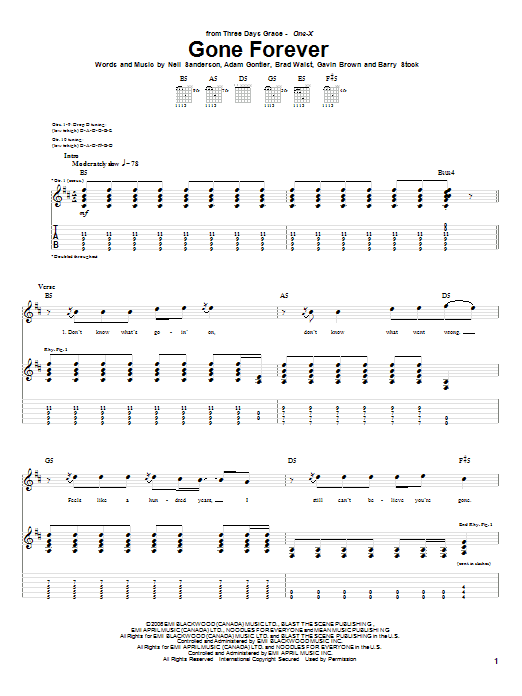 Three Days Grace Gone Forever sheet music notes and chords arranged for Guitar Tab