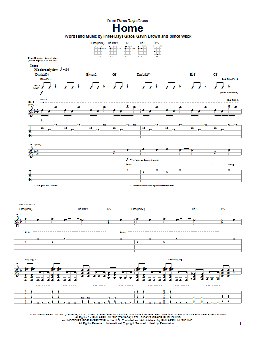 Three Days Grace Home sheet music notes and chords arranged for Guitar Tab