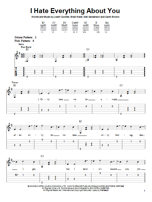 Three Days Grace I Hate Everything About You sheet music notes and chords arranged for Guitar Tab