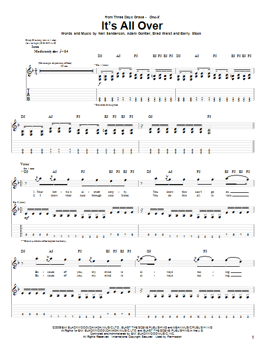 Three Days Grace It's All Over sheet music notes and chords arranged for Guitar Tab