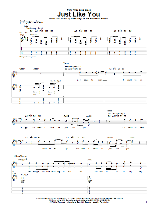 Three Days Grace Just Like You sheet music notes and chords arranged for Guitar Tab