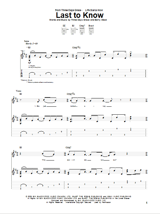 Three Days Grace Last To Know sheet music notes and chords arranged for Guitar Tab