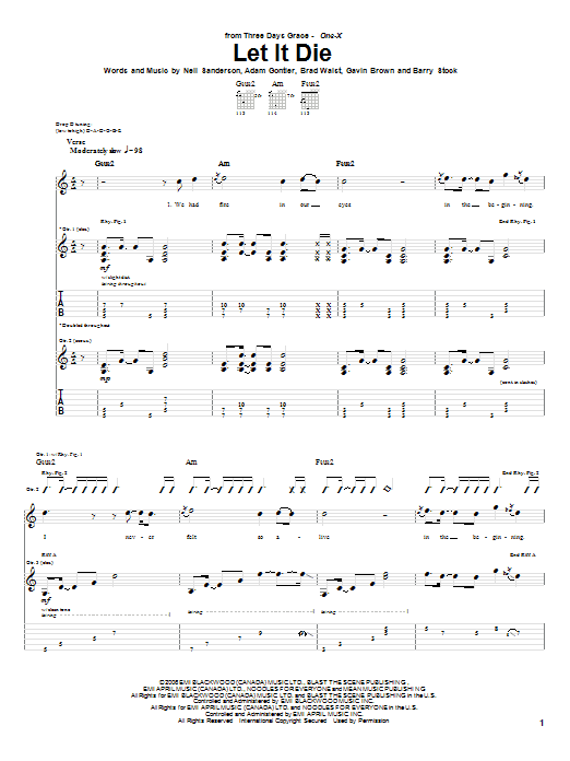 Three Days Grace Let It Die sheet music notes and chords arranged for Guitar Tab