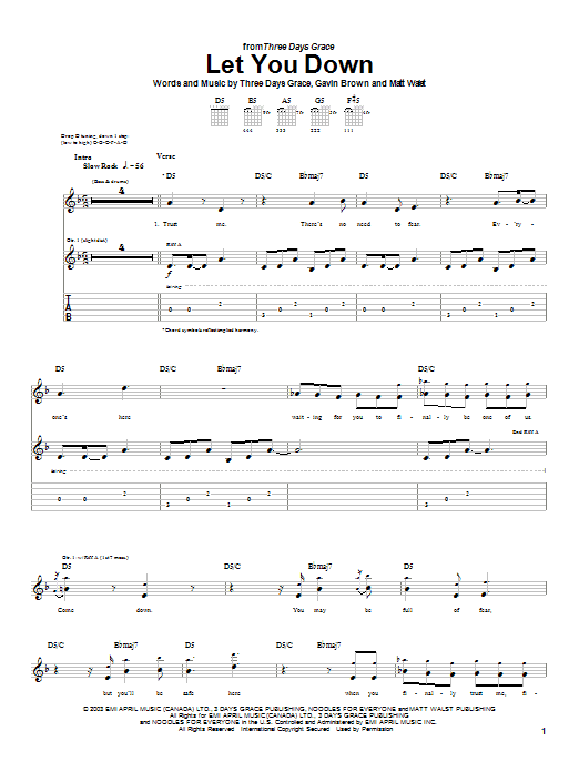 Three Days Grace Let You Down sheet music notes and chords arranged for Guitar Tab