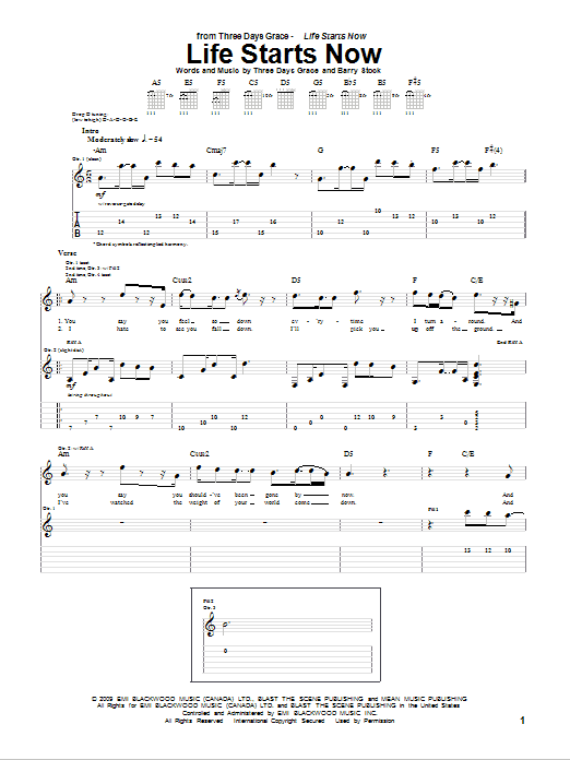Three Days Grace Life Starts Now sheet music notes and chords arranged for Guitar Tab