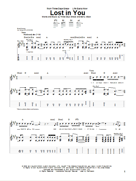 Three Days Grace Lost In You sheet music notes and chords arranged for Guitar Tab