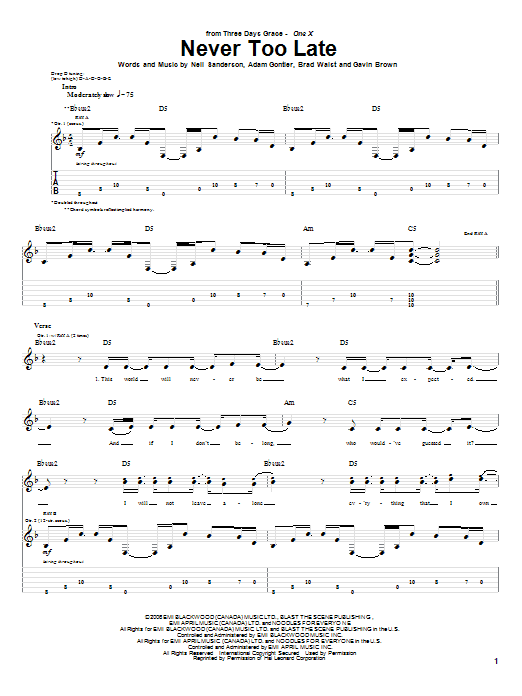 Three Days Grace Never Too Late sheet music notes and chords arranged for Guitar Tab (Single Guitar)