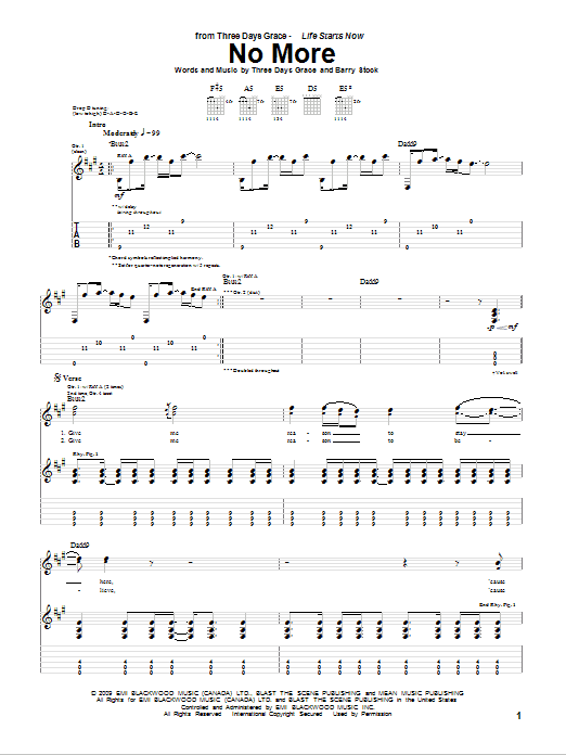 Three Days Grace No More sheet music notes and chords arranged for Guitar Tab
