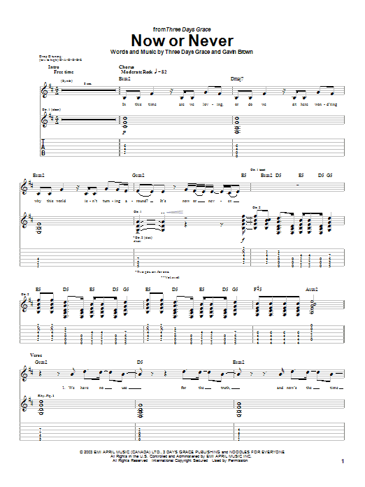 Three Days Grace Now Or Never sheet music notes and chords arranged for Guitar Tab