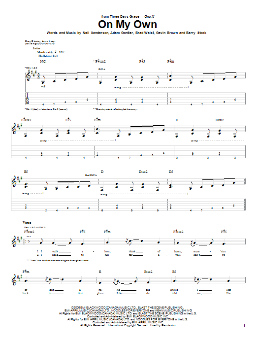 Three Days Grace On My Own sheet music notes and chords arranged for Guitar Tab