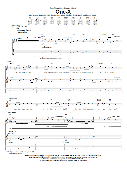 Three Days Grace One-X sheet music notes and chords arranged for Guitar Tab