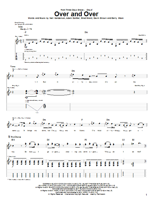 Three Days Grace Over And Over sheet music notes and chords arranged for Guitar Tab