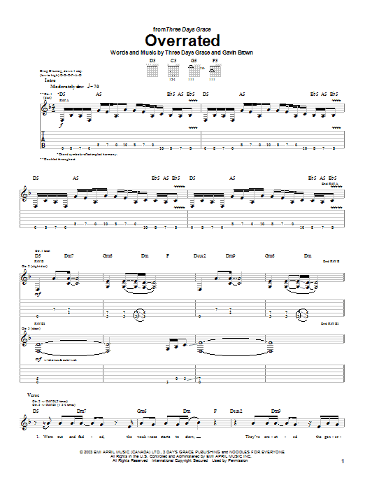 Three Days Grace Overrated sheet music notes and chords arranged for Guitar Tab