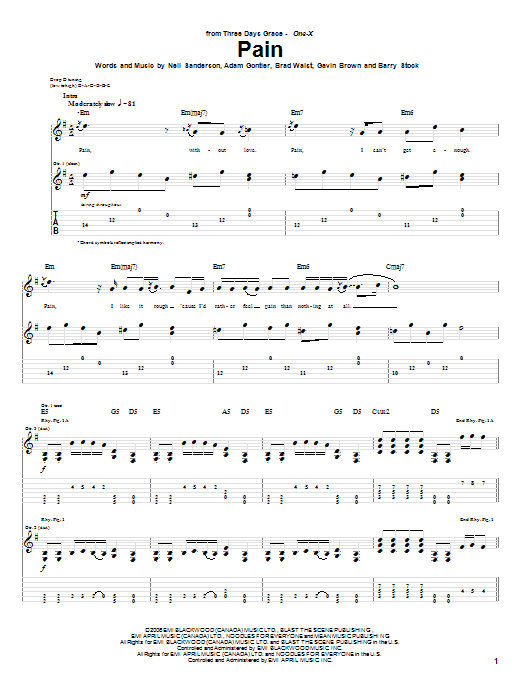 Three Days Grace Pain sheet music notes and chords arranged for Guitar Tab