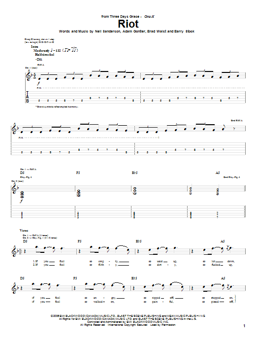 Three Days Grace Riot sheet music notes and chords arranged for Guitar Tab (Single Guitar)