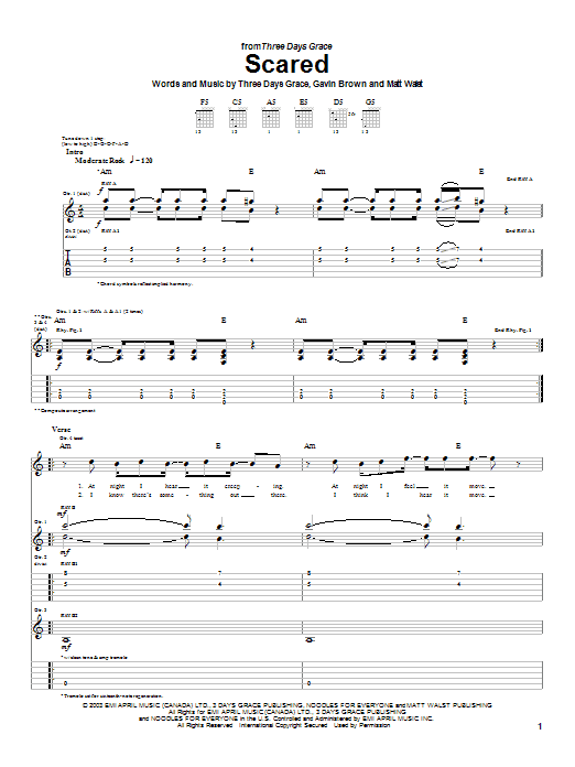 Three Days Grace Scared sheet music notes and chords arranged for Guitar Tab