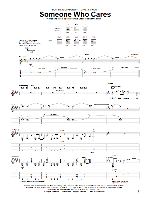 Three Days Grace Someone Who Cares sheet music notes and chords arranged for Guitar Tab