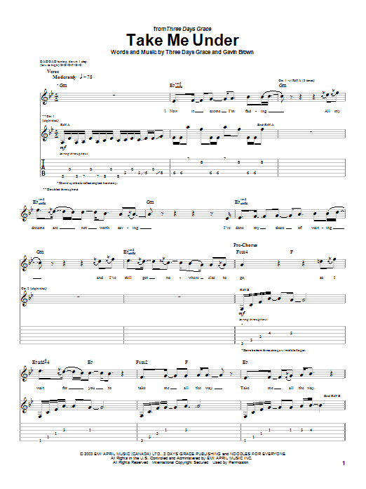 Three Days Grace Take Me Under sheet music notes and chords arranged for Guitar Tab