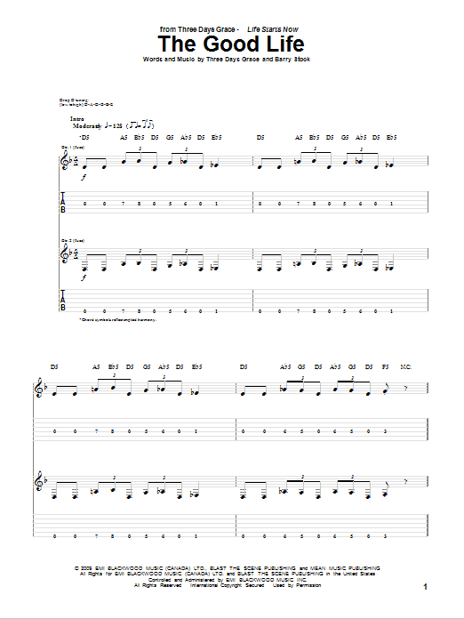 Three Days Grace The Good Life sheet music notes and chords arranged for Guitar Tab (Single Guitar)