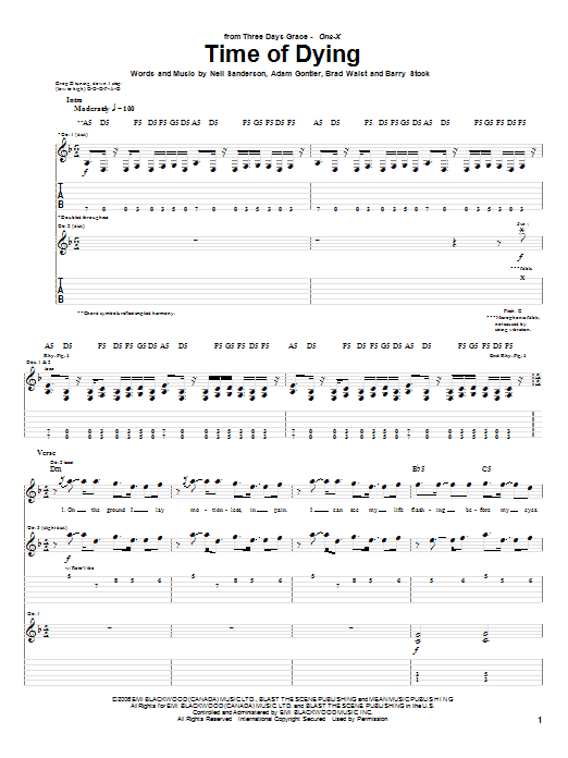 Three Days Grace Time Of Dying sheet music notes and chords arranged for Guitar Tab