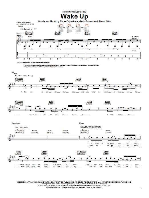 Three Days Grace Wake Up sheet music notes and chords arranged for Guitar Tab