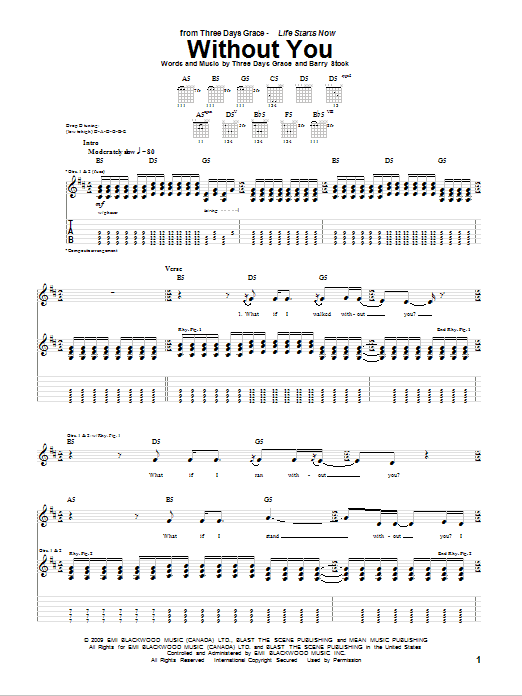 Three Days Grace Without You sheet music notes and chords arranged for Guitar Tab