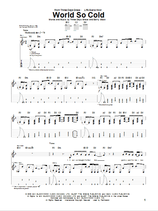 Three Days Grace World So Cold sheet music notes and chords arranged for Guitar Tab
