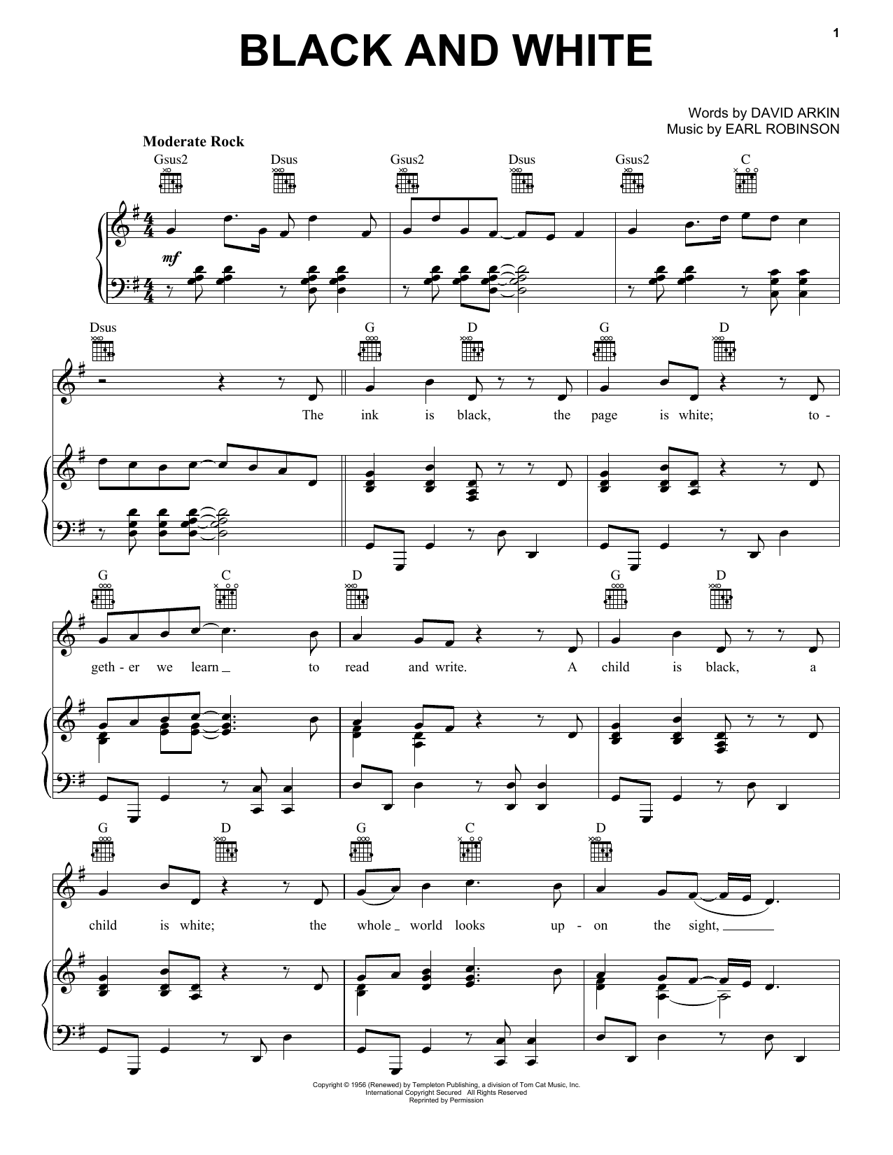 Three Dog Night Black And White sheet music notes and chords arranged for Piano, Vocal & Guitar Chords (Right-Hand Melody)