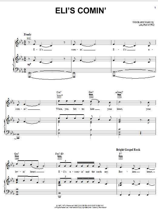Three Dog Night Eli's Comin' sheet music notes and chords arranged for Piano, Vocal & Guitar Chords (Right-Hand Melody)