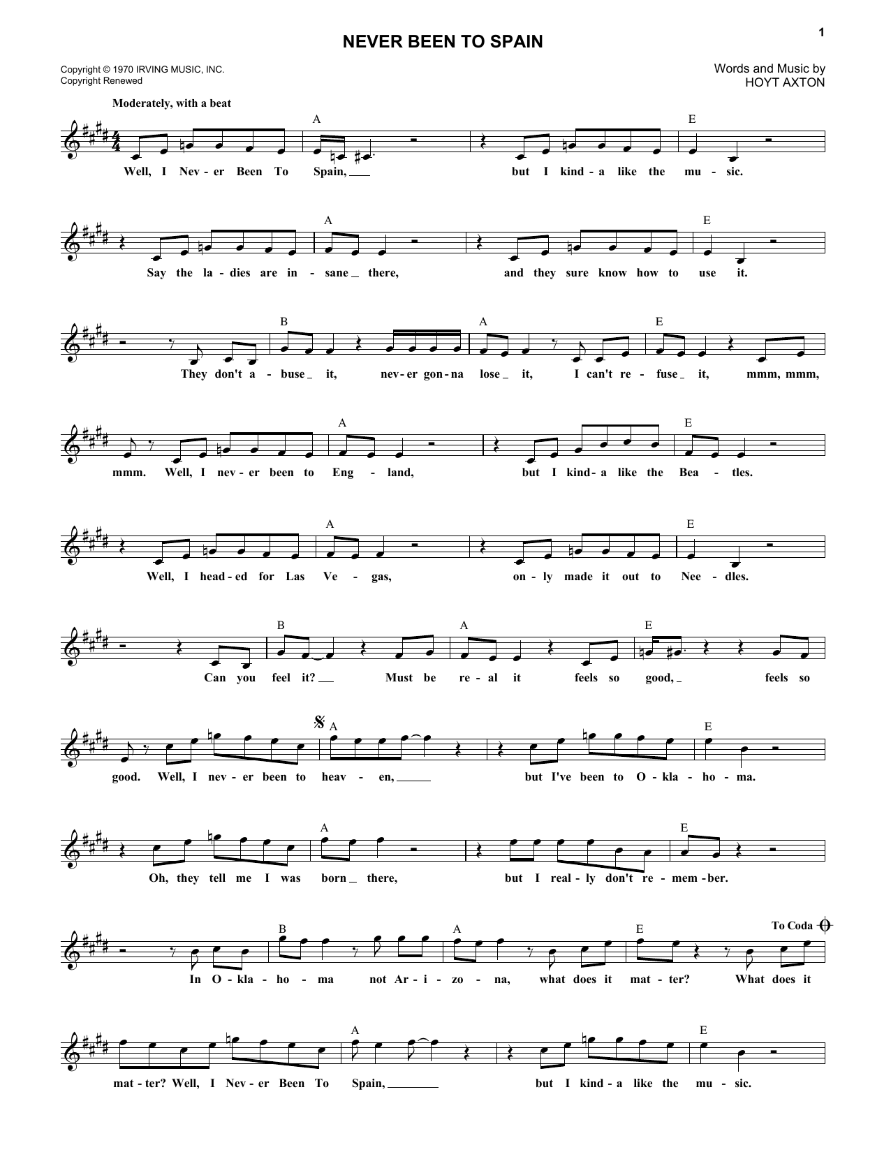 Three Dog Night Never Been To Spain sheet music notes and chords arranged for Lead Sheet / Fake Book