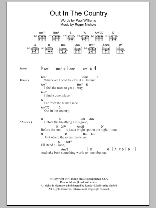 Three Dog Night Out In The Country sheet music notes and chords arranged for Guitar Chords/Lyrics