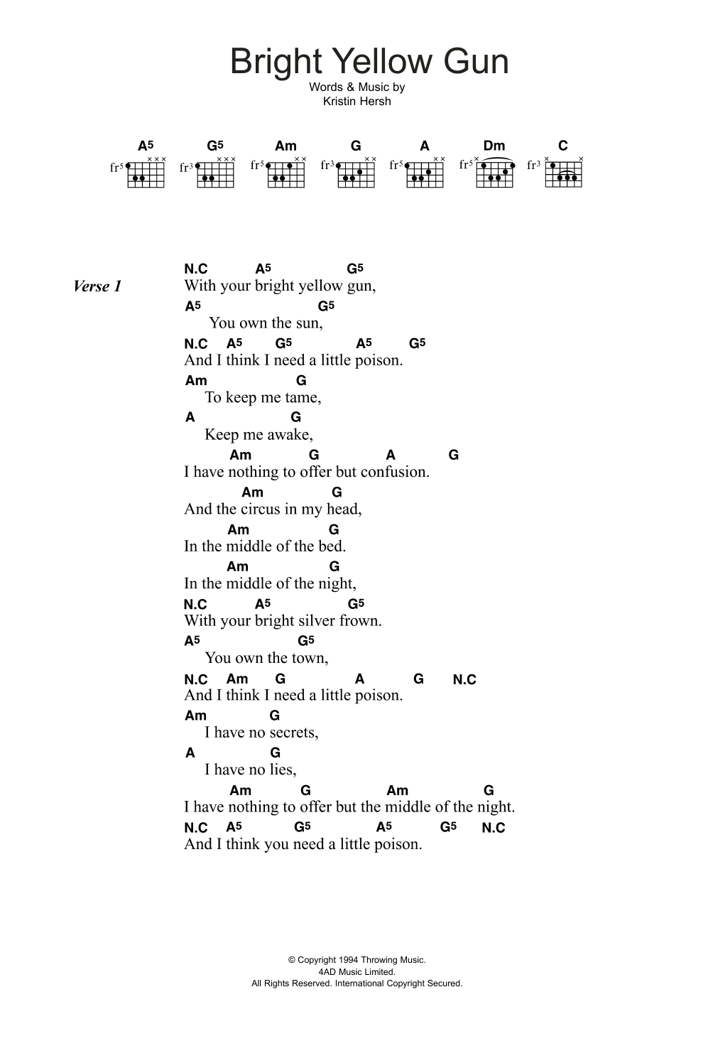 Throwing Muses Bright Yellow Gun sheet music notes and chords arranged for Guitar Chords/Lyrics