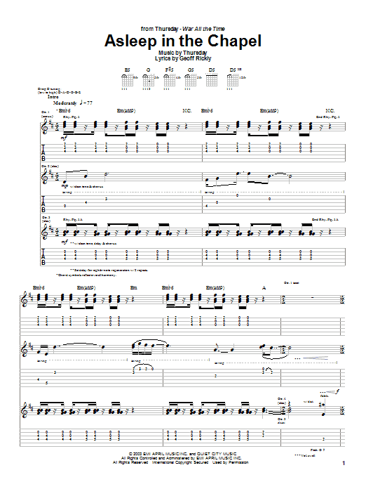 Thursday Asleep In The Chapel sheet music notes and chords arranged for Guitar Tab