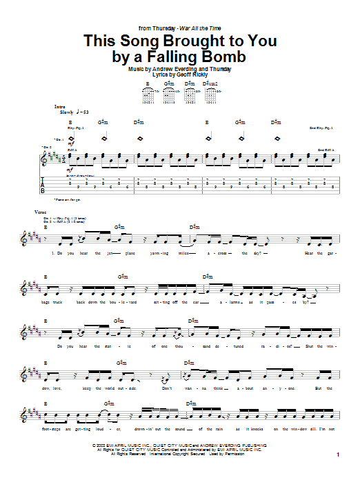 Thursday This Song Brought To You By A Falling Bomb sheet music notes and chords arranged for Guitar Tab