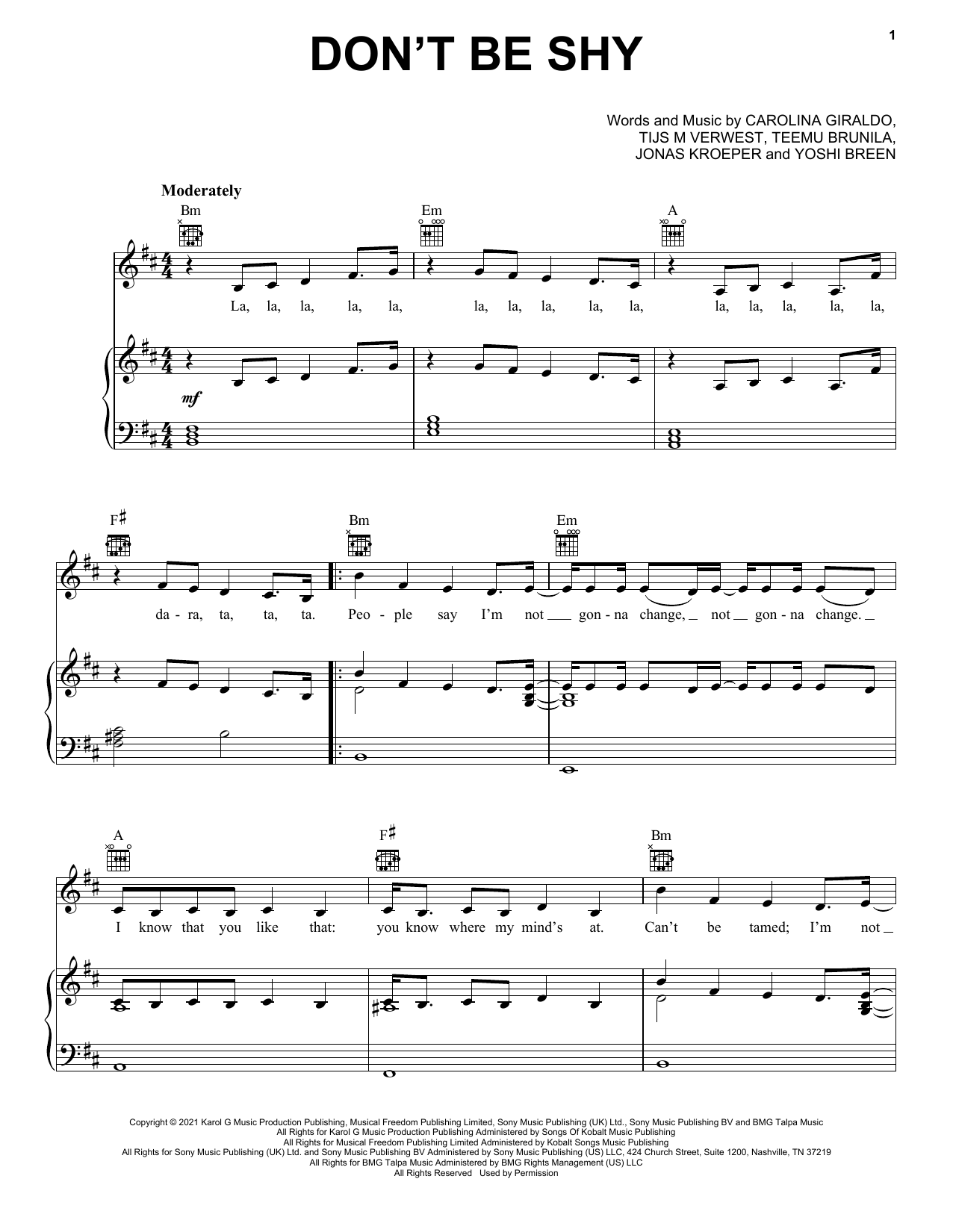 Tiësto and KAROL G Don't Be Shy sheet music notes and chords arranged for Piano, Vocal & Guitar Chords (Right-Hand Melody)