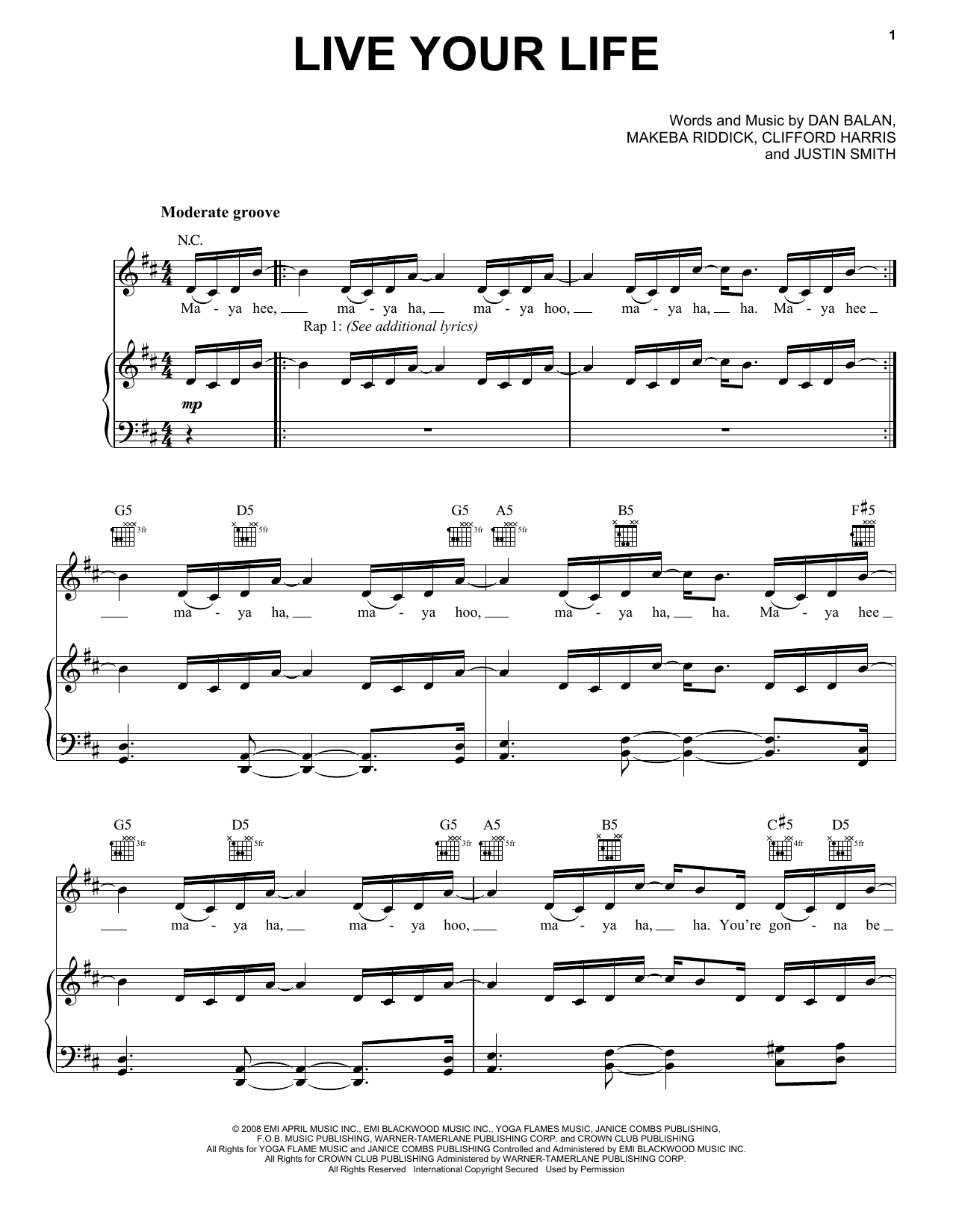 T.I. Live Your Life sheet music notes and chords arranged for Piano, Vocal & Guitar Chords (Right-Hand Melody)